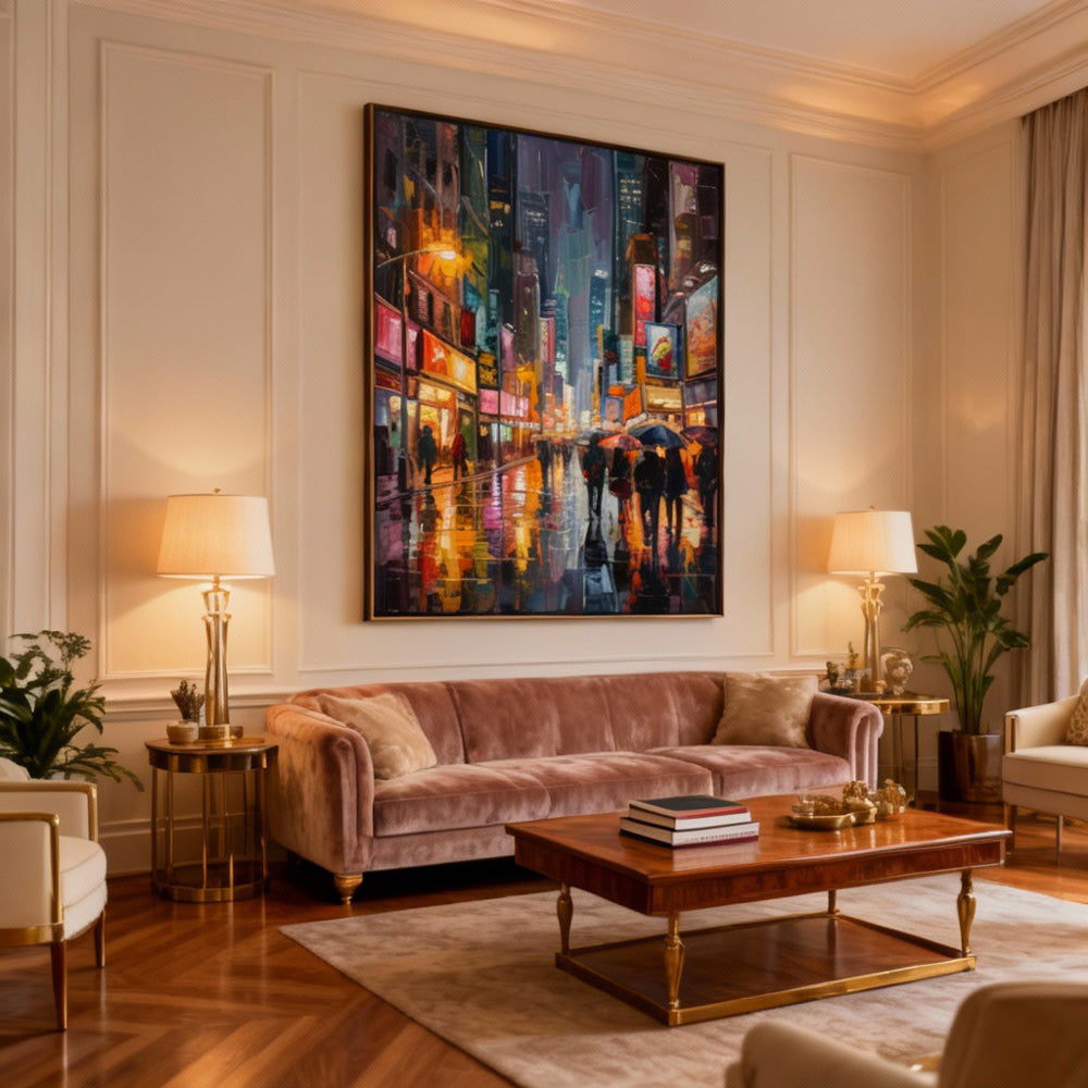 City Lights After Rain — Modern Impressionist Hand-Painted Oil Painting Wall Art