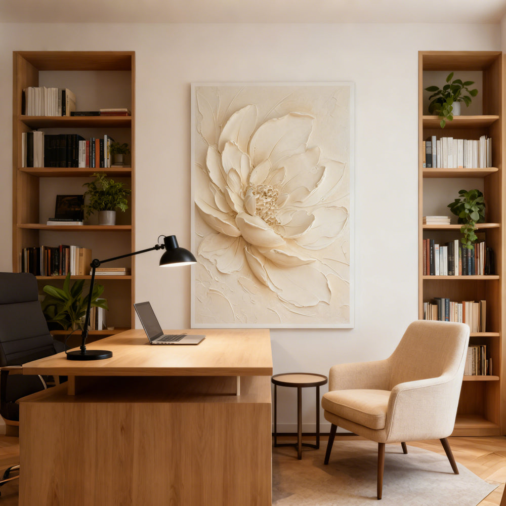 Ivory Bloom Texture Art – Impressionistic Floral Style Handmade Oil Painting Wall Art