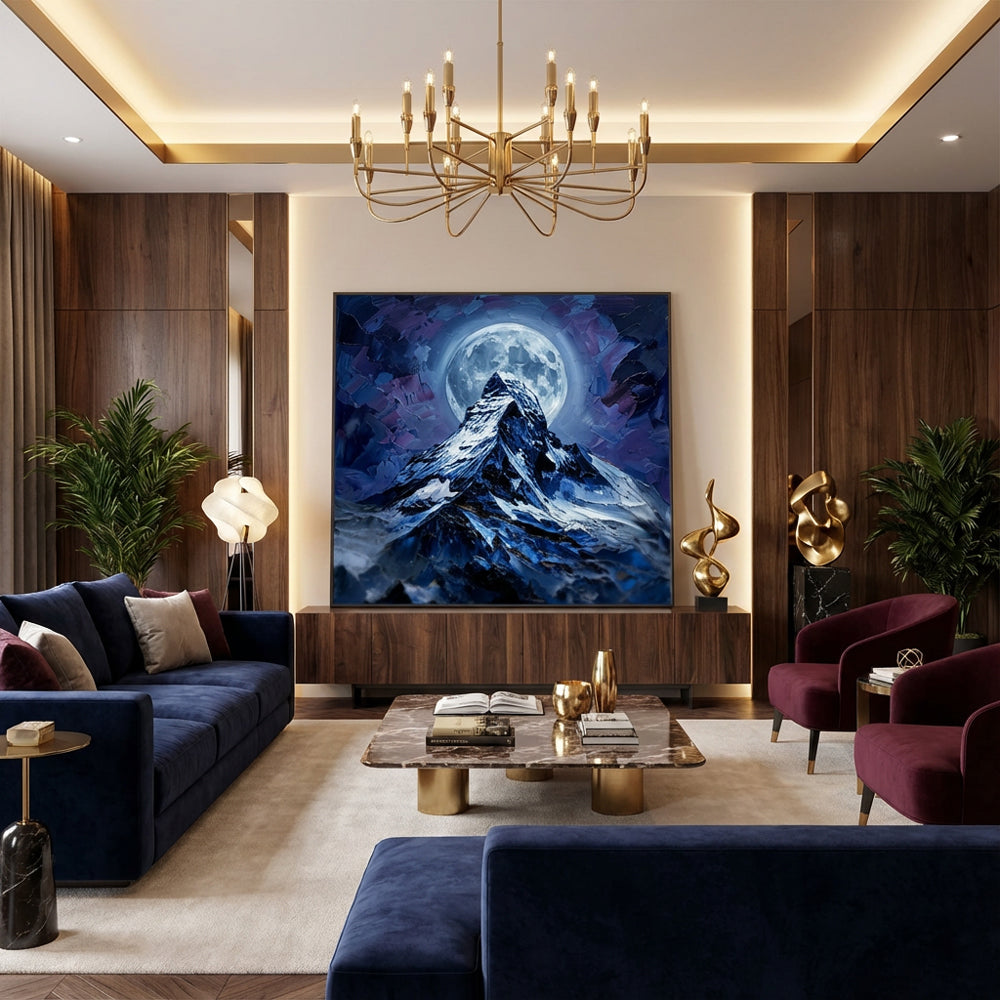 Moonshadow Peak – Impressionist Nightscape Mountain Oil-Style Artwork Handcrafted Painting