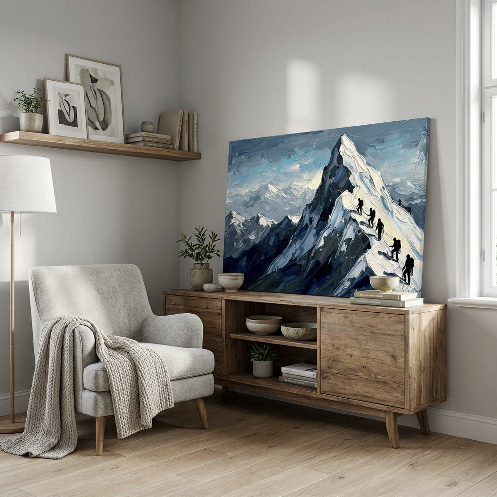 Climbers of the Peak – Impressionist Alpine Adventure Oil-Style Artwork Handcrafted Painting