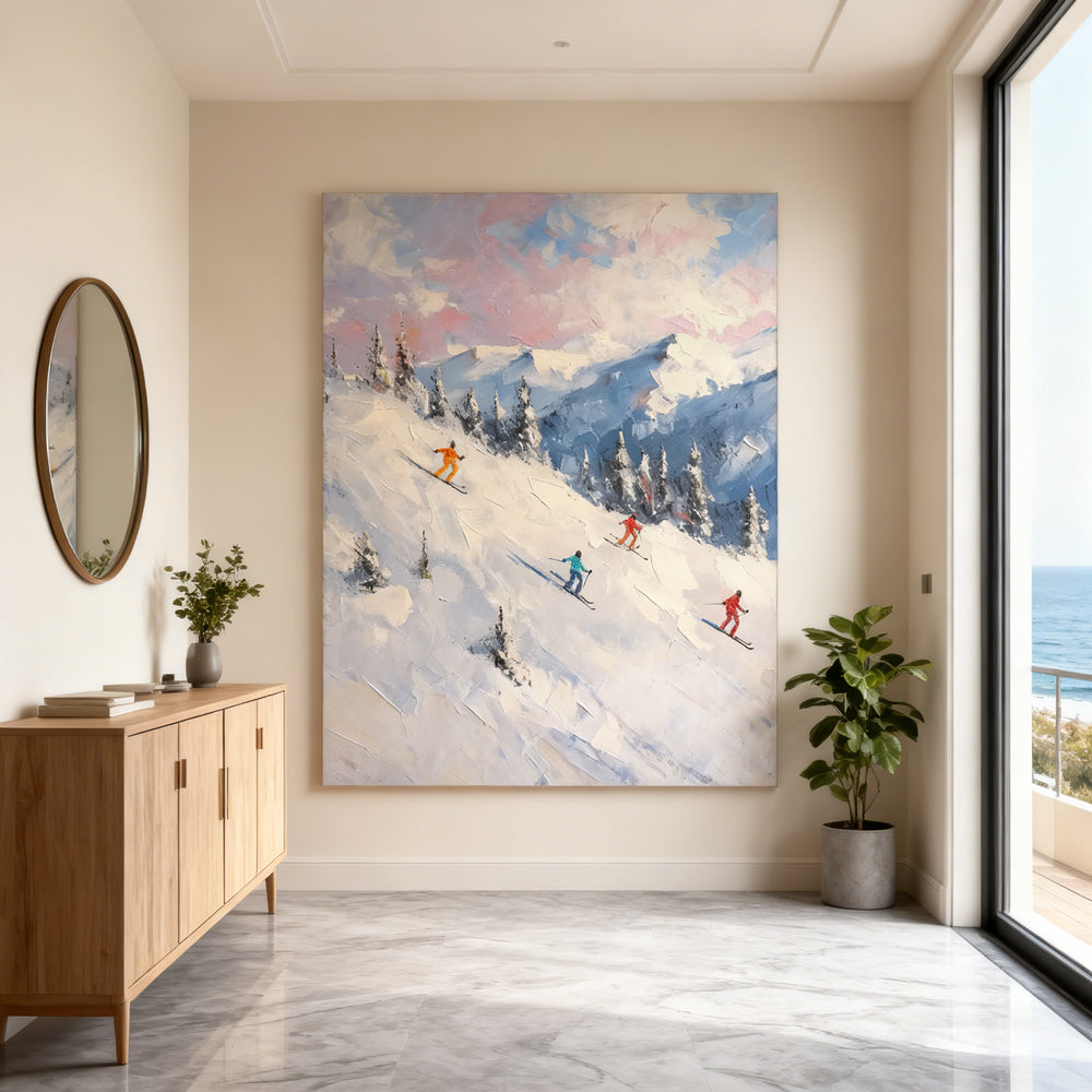 Alpine Sunset Ski Escape – Impressionist Impasto Style Handmade Oil Painting Wall Art