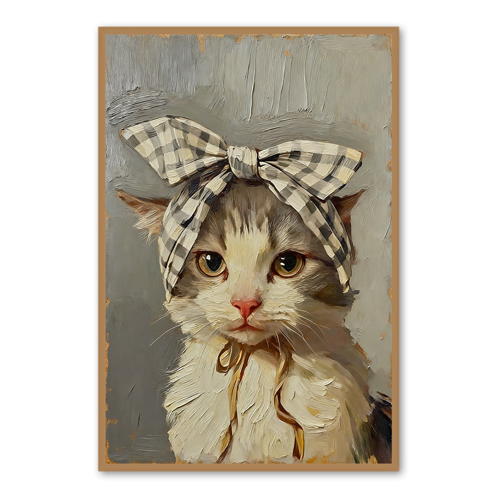 Charming Bow Kitten – Vintage Style Hand-Painted Oil Painting Wall Art