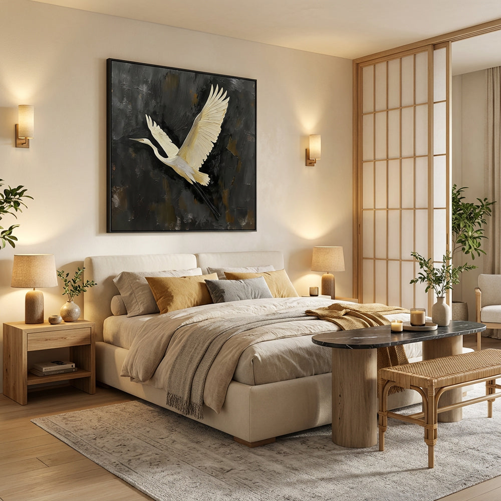 Flying Crane Theme Painting – Modern Realistic Style Handmade Oil Painting Wall Art