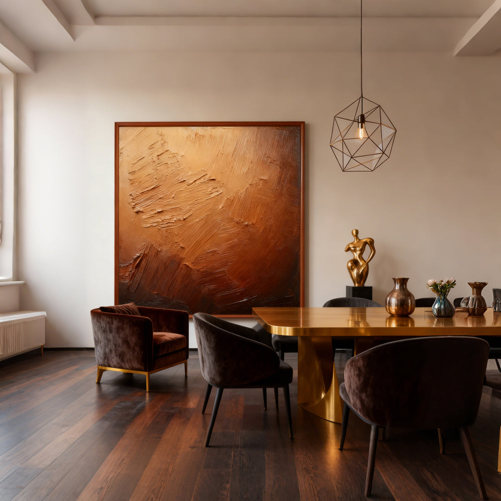 Bronze Horizon Texture Art – Abstract Expressionist Style Handmade Oil Painting Wall Art