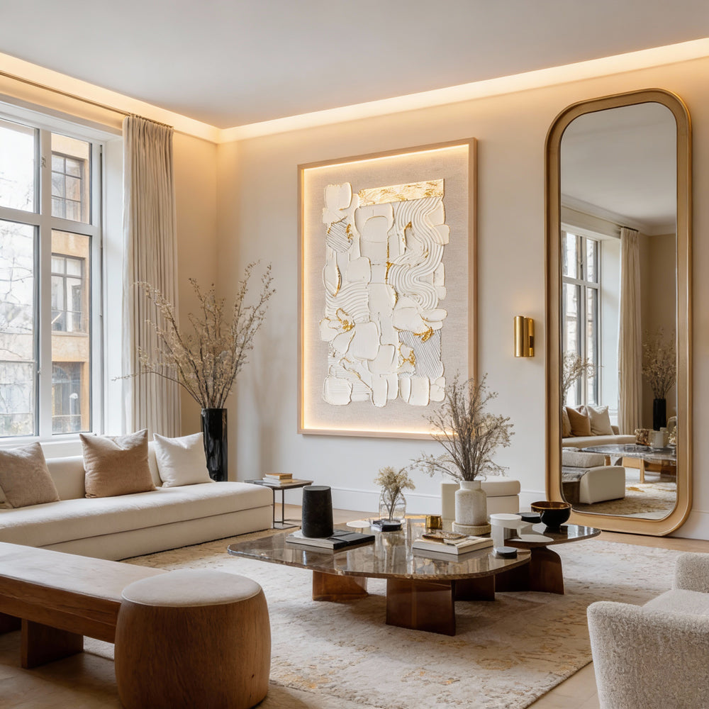 Arte original hecho a mano con rica textura, que abraza la belleza wabi-sabi en un minimalismo natural.