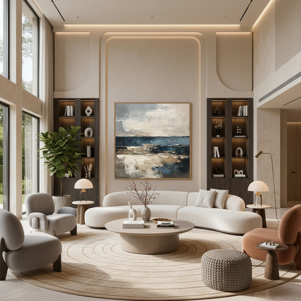 Coastal Horizon Theme Painting – Modern Abstract Style Handmade Oil Painting Wall Art