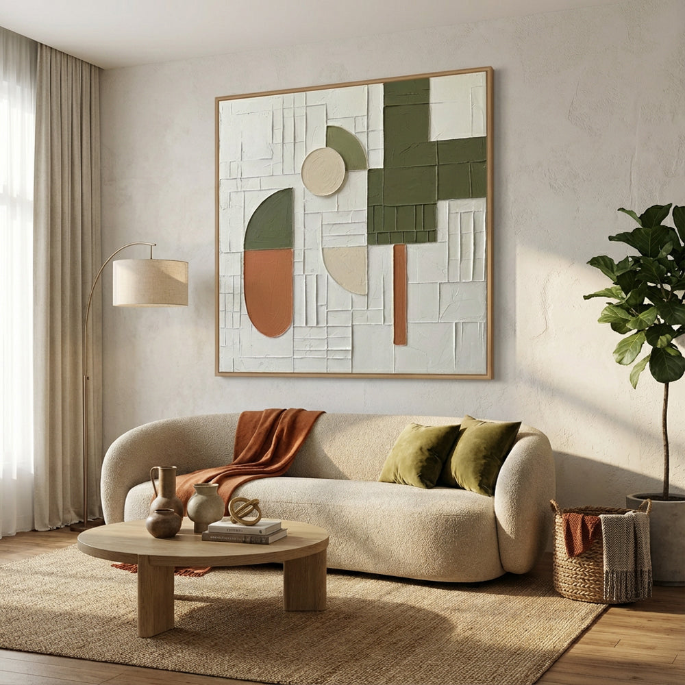 Geometric Abstract Art Panel – Minimalist Textured Style – White, Olive & Terracotta Tones – Shape & Grid Elements