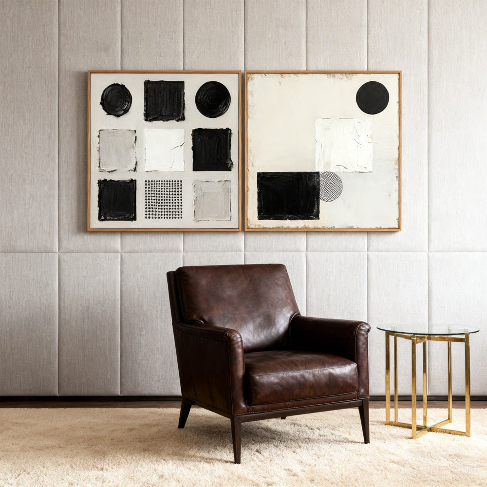 Black & White Geometric Shapes Theme Painting – Modern Abstract Style Handmade Texture Wall Art (Set of 2)