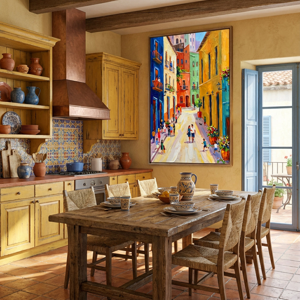 Colorful Street Scene Painting – Impressionist Palette Knife Style – Vibrant Multicolor Tones – Cityscape & Figures Wall Art