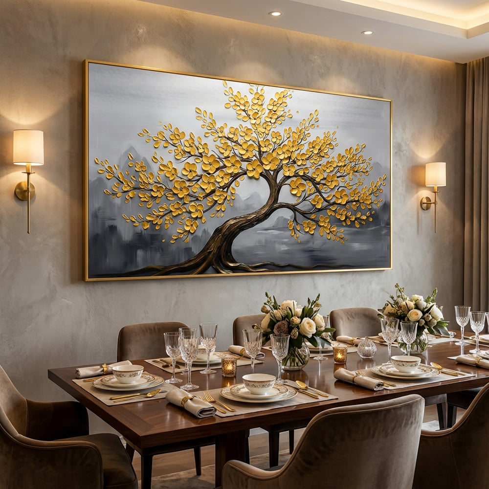 Golden Blossom Tree Painting – Modern Textured Art Style  Handcrafted Wall Art