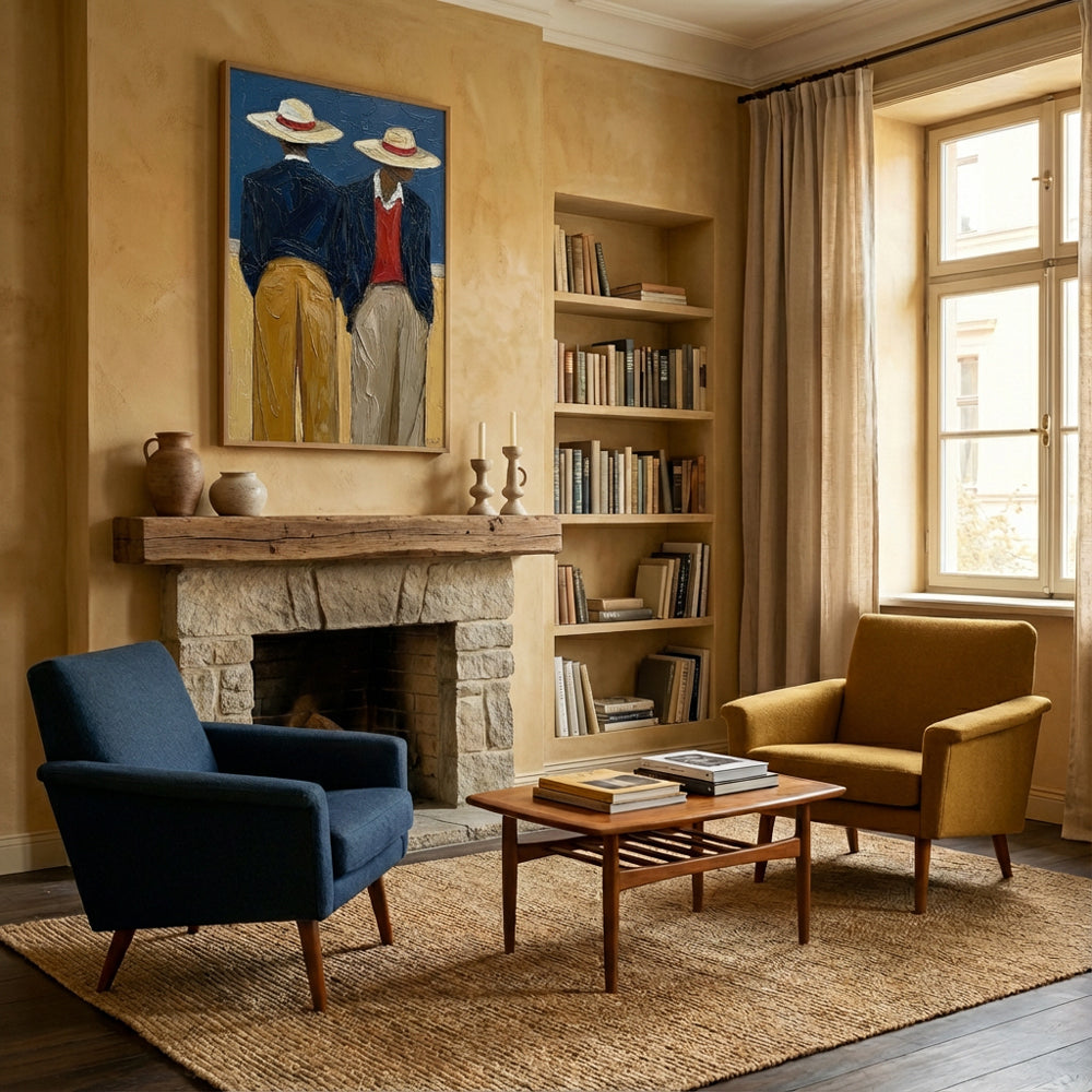 Two Gentlemen in Hats – Modern Figurative Style Handmade Oil Painting Wall Art