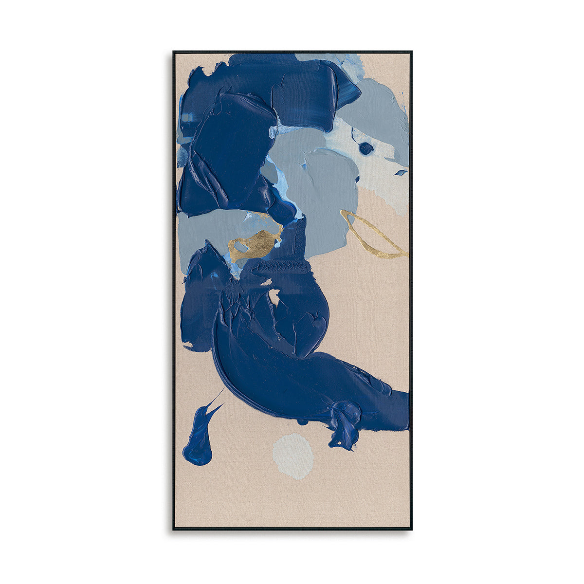 Handgemalte abstrakte Leinwand mit Pinselstrichen in Marineblau und Gold 