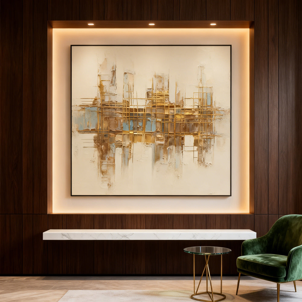 Golden Grid Structure Theme Painting – Modern Abstract Style Handmade Texture Wall Art