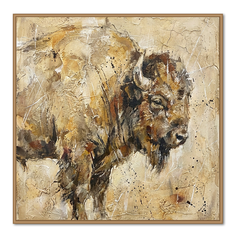 Bison Wildlife Art Painting – Textured Expressionist Style – Earthy Brown Tones – Abstract Brush & Splatter Elements