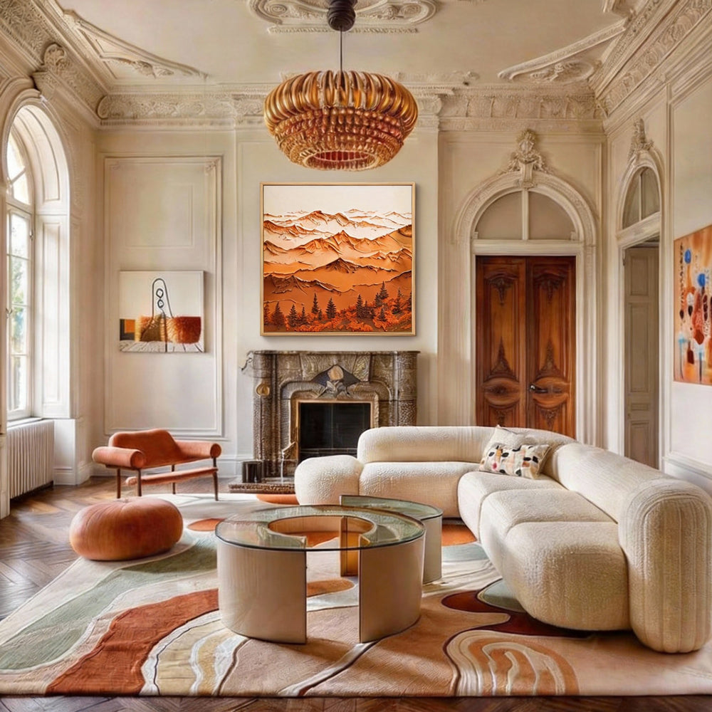 Majestic Mountain Serenity – Abstract Texture Landscape in Warm Earth Tones, Layered Peaks and Forest Elements-square canvas