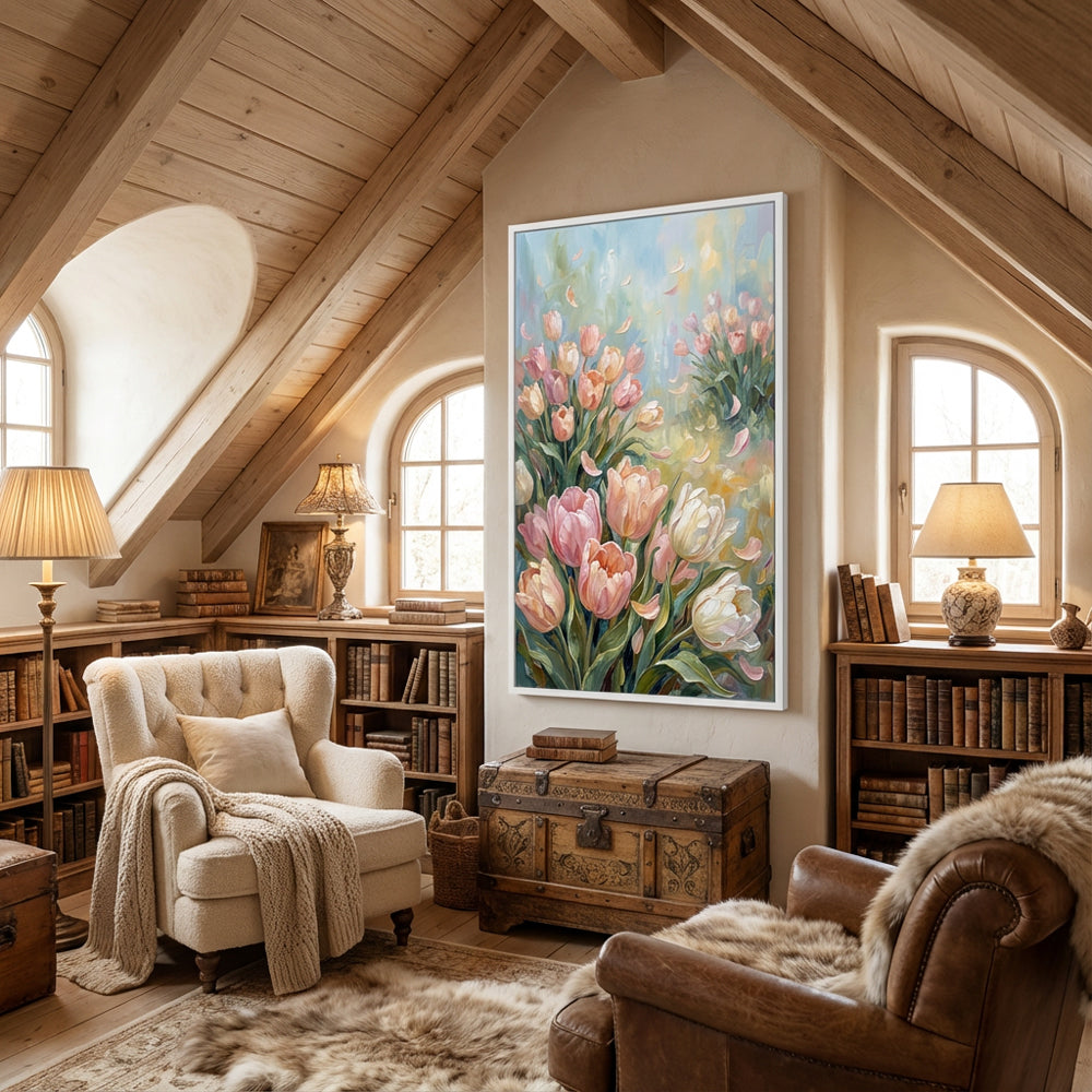 Dancing Petals in Morning Light – Impressionist Tulip Meadow Oil-Style Artwork original oil painting