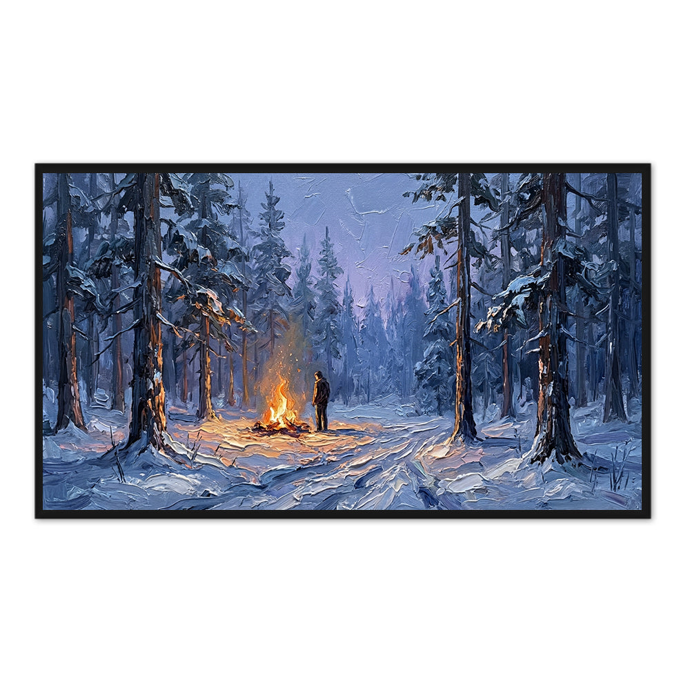 Winter Solitude by the Fire– Impressionist Wilderness Oil-Style Artwork Handcrafted Painting