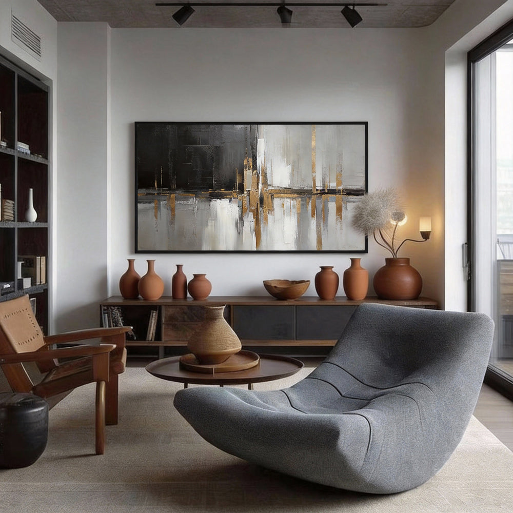 Handcrafted Elegance Golden Glow and Ink Shadow Harmony Painting-Landscape Orientation