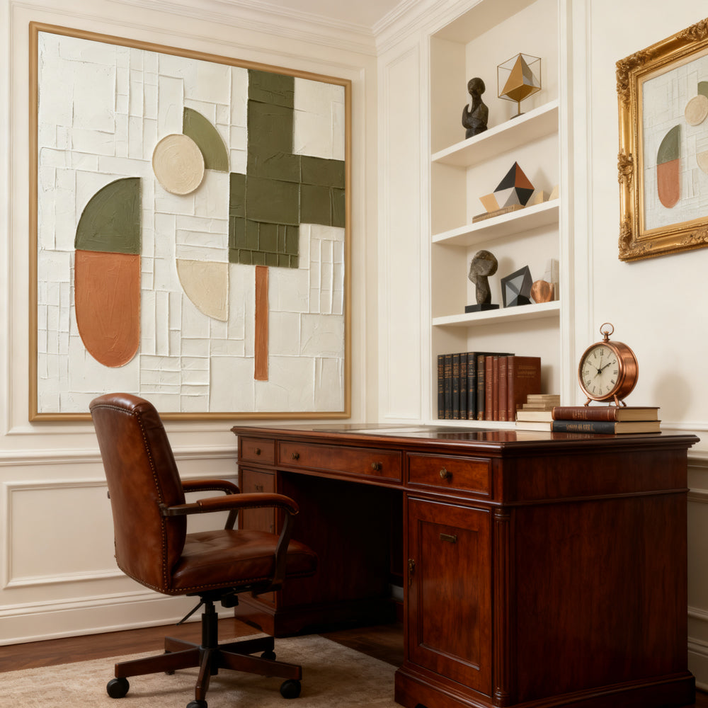 Geometric Abstract Art Panel – Minimalist Textured Style – White, Olive & Terracotta Tones – Shape & Grid Elements