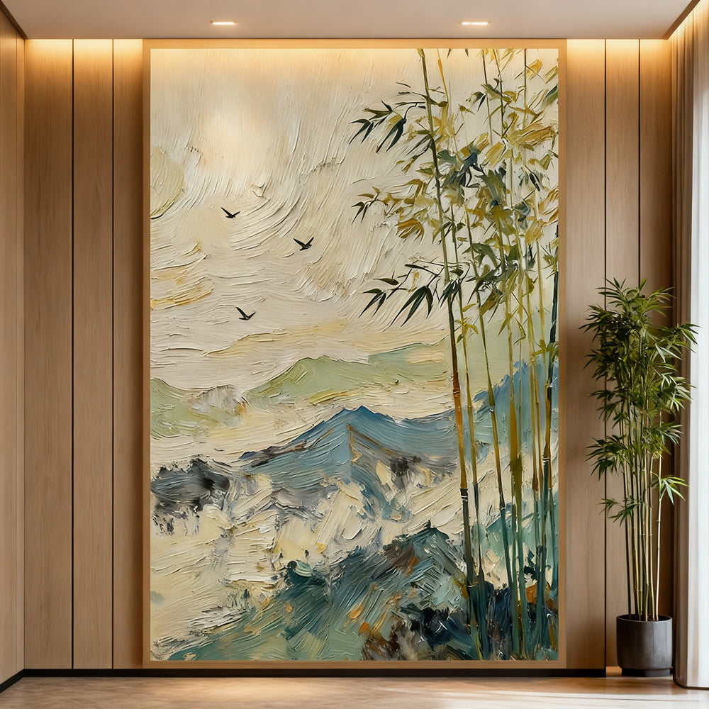 Bamboo Grove in Misty Mountains – Abstract Landscape Oil Painting