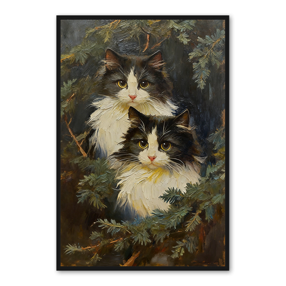 Two Cats in Forest – Realistic Oil Painting – Animal Wall Art