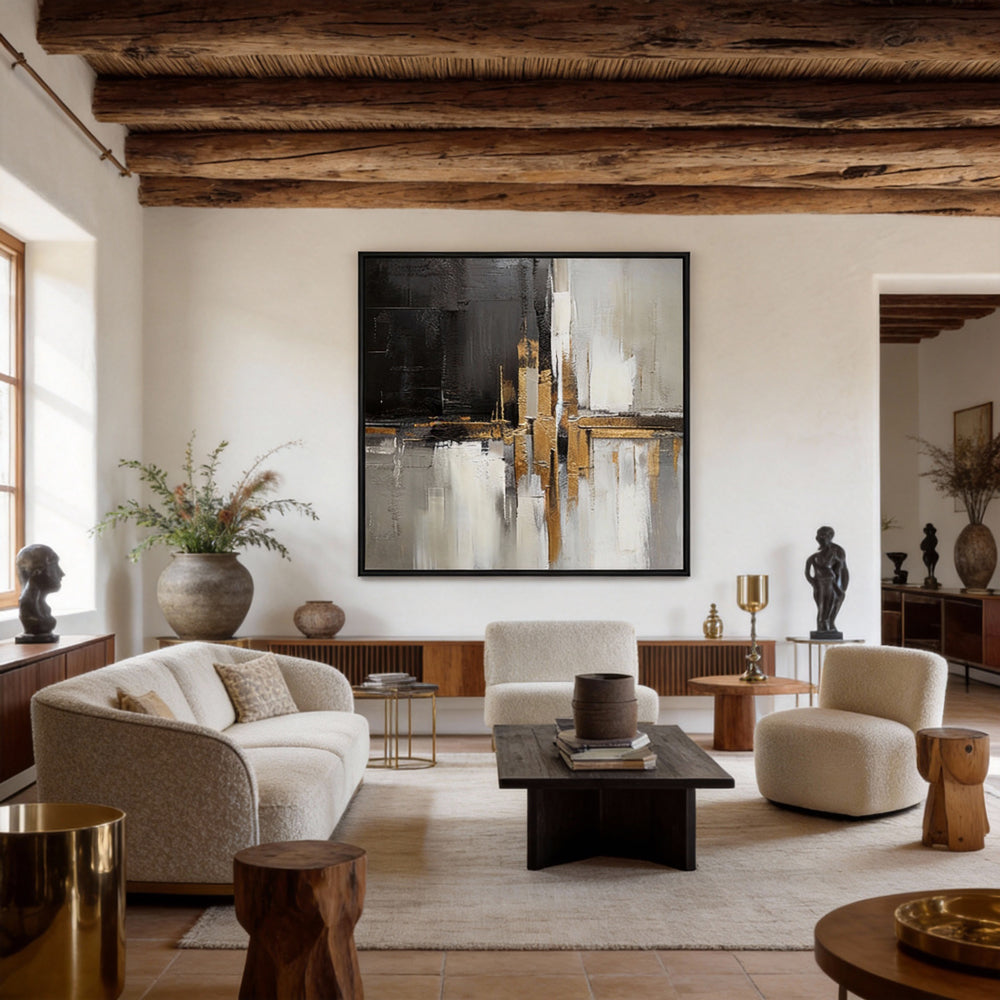 Handcrafted Elegance Golden Glow and Ink Shadow Harmony Painting-square canvas