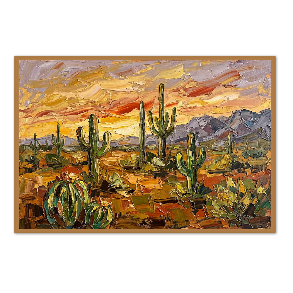 Desert Cactus Sunset texture Landscape Painting – Impressionist Style – Warm Earth Tones – Cacti & Mountain Elements