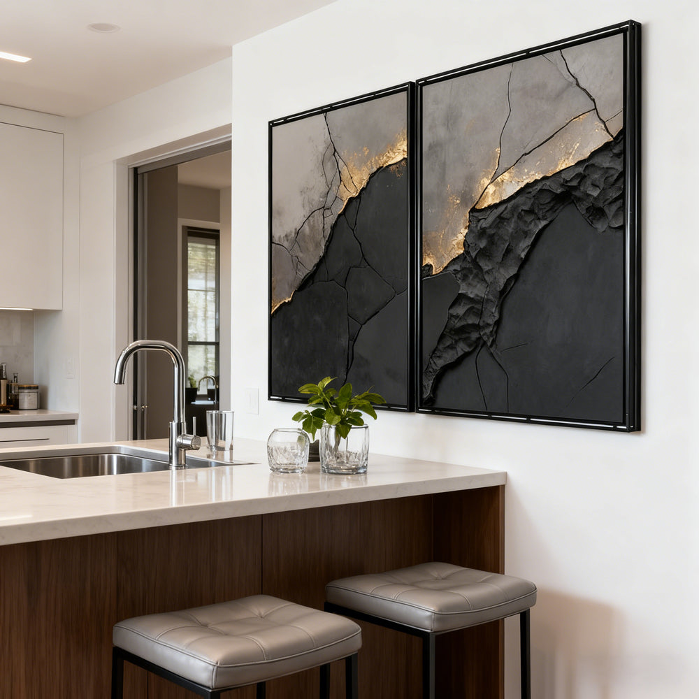 Cracked Stone & Gold Vein Theme Painting – Modern Abstract Style Handmade Texture Wall Art (Set of 2)