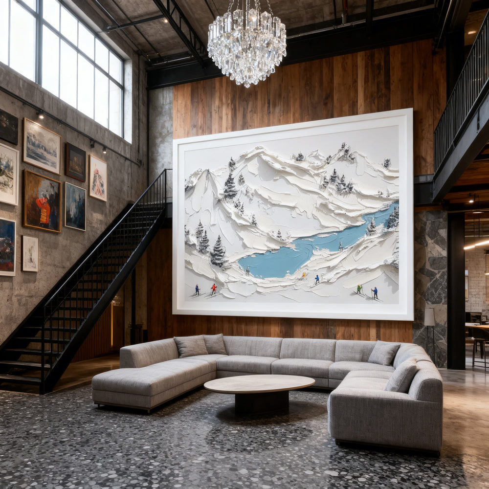 Winter Expedition – Handcrafted Palette Knife Painting, Snowy Mountain Landscape, Skiers in the Alps