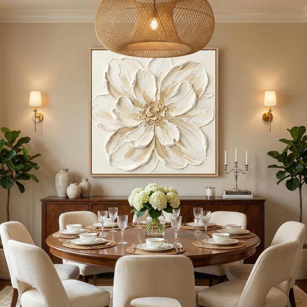 Ivory Bloom Reverie – Modern Textured Floral Hand-Painted Oil Painting Wall Art