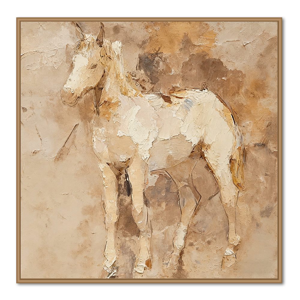 Horse Portrait Art Panel – Impasto Texture Painting – Neutral Beige Tones – Equine Figurative Wall Art