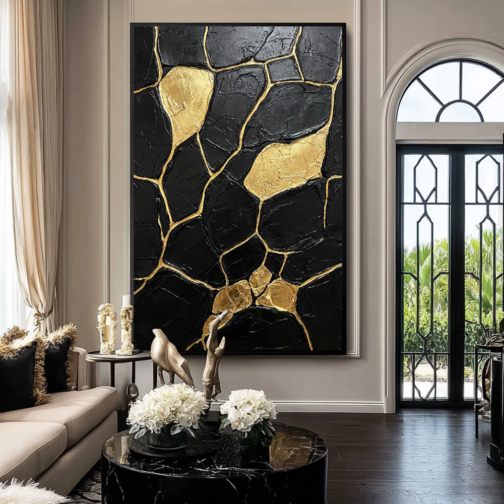 Veins of Gold Silence | Contemporary Abstract Black & Gold Hand-Painted Oil Painting Wall Art