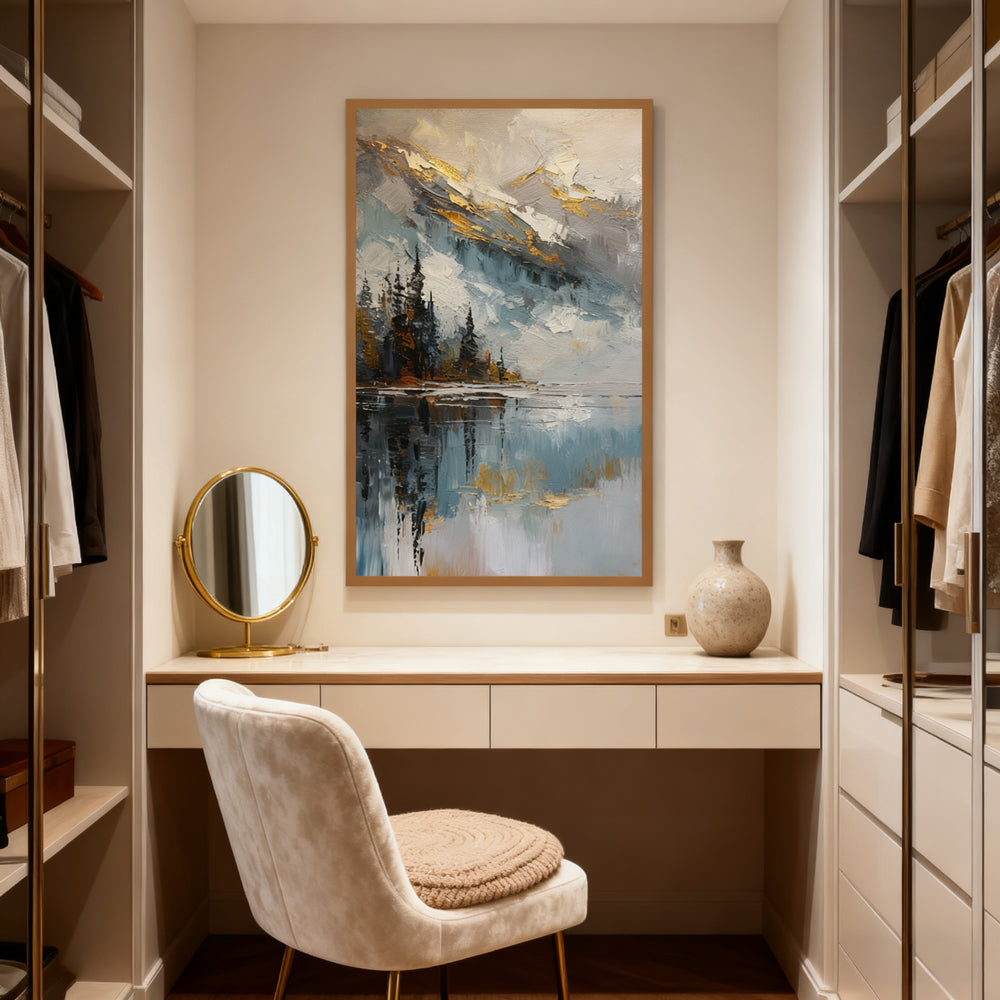 Golden Peak Lake Reflections – Impressionist Textured Hand-Painted Oil Wall Art