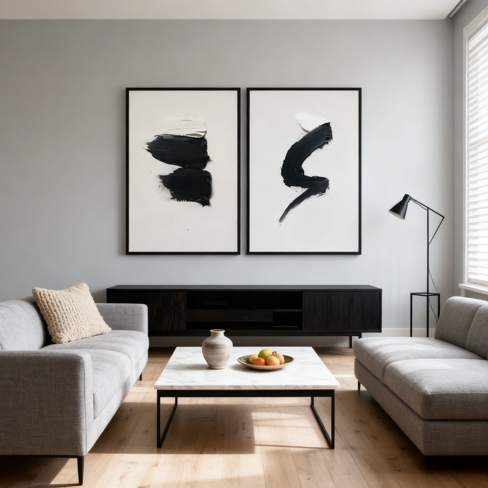 Black & White Stroke Duo – Minimalist Abstract Style Handmade Oil Painting Wall Art (Set of 2)