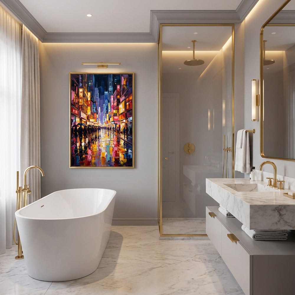 Neon Rain Street — Contemporary Expressionist Hand-Painted Oil Painting Wall Art