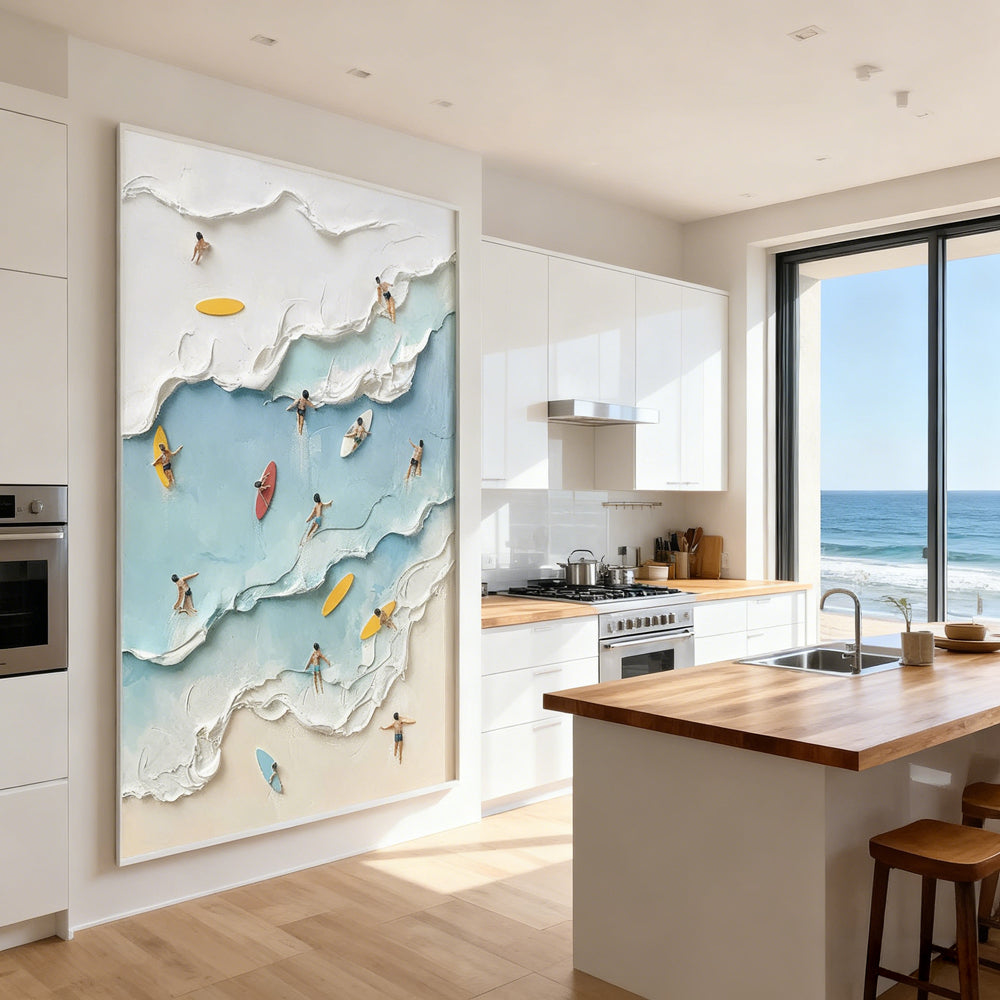 Surfing Coast Joy – Modern Relief Style Handmade Oil Painting Wall Art