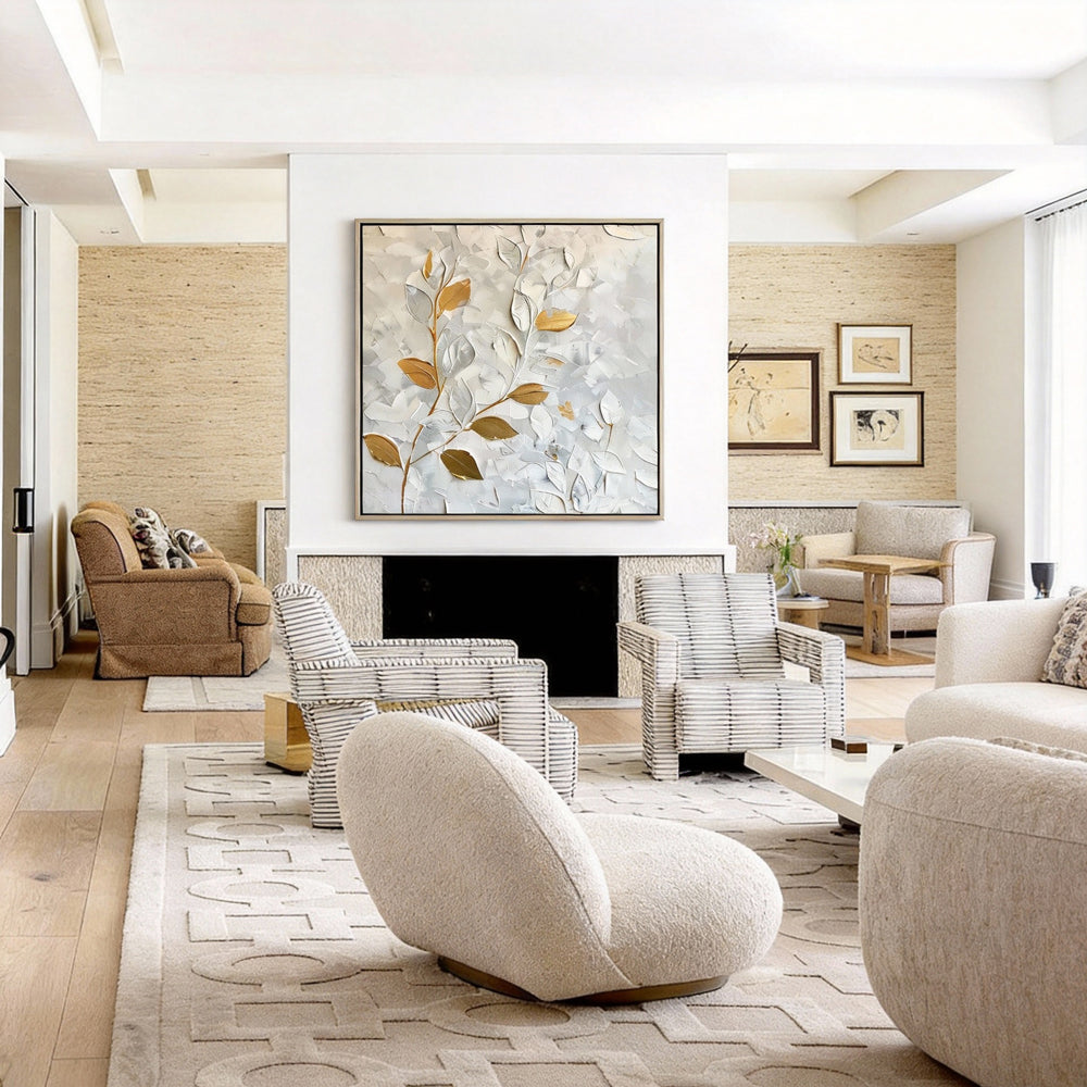 Still Veins– Hand-Painted Textured Floral Oil Painting Wall Art in White and Gold-square canvas