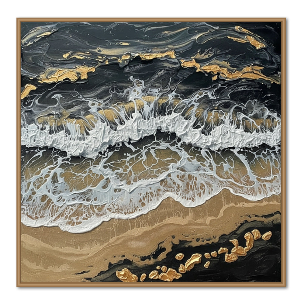Black, White & Gold Tones – Waves, Sand & Rock Elements  Handcrafted Painting