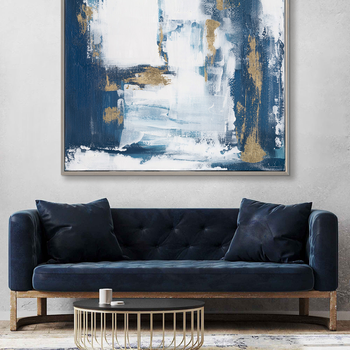 Abstract layers of white, blue, and gold bring power and timeless refinement.