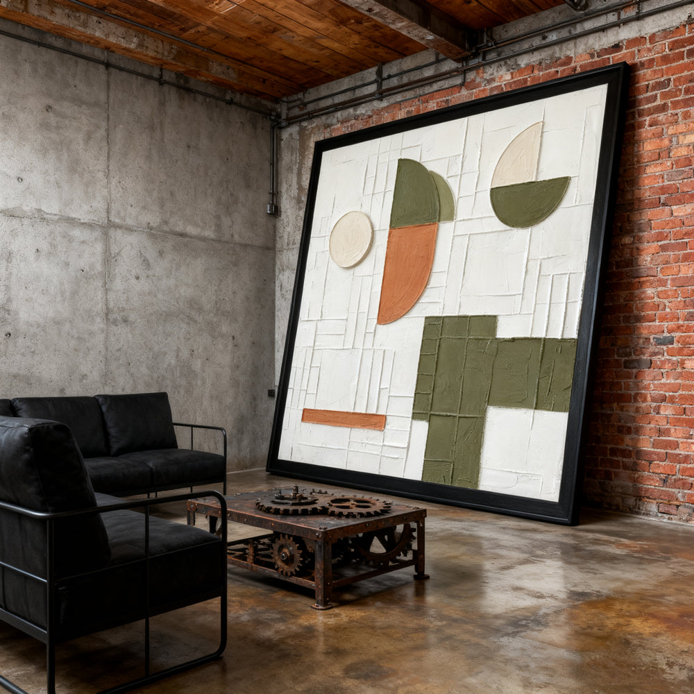 Geometric Abstract Wall Art – Minimalist Textured Design paintings – White, Olive & Terracotta Palette – Shapes & Grid Elements