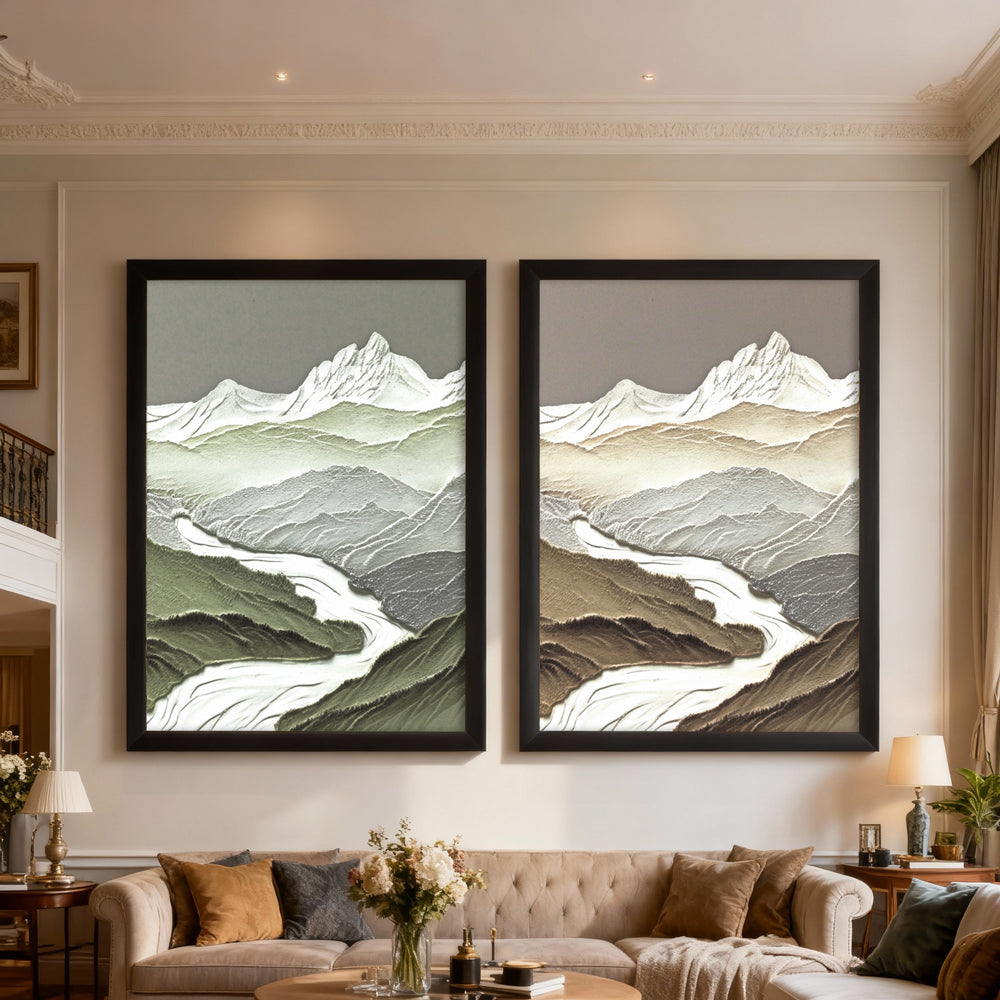 Whispering Peaks – Modern Landscape Texture Painting, Handmade Oil Wall Art for Living Room Decor (Set of 2)