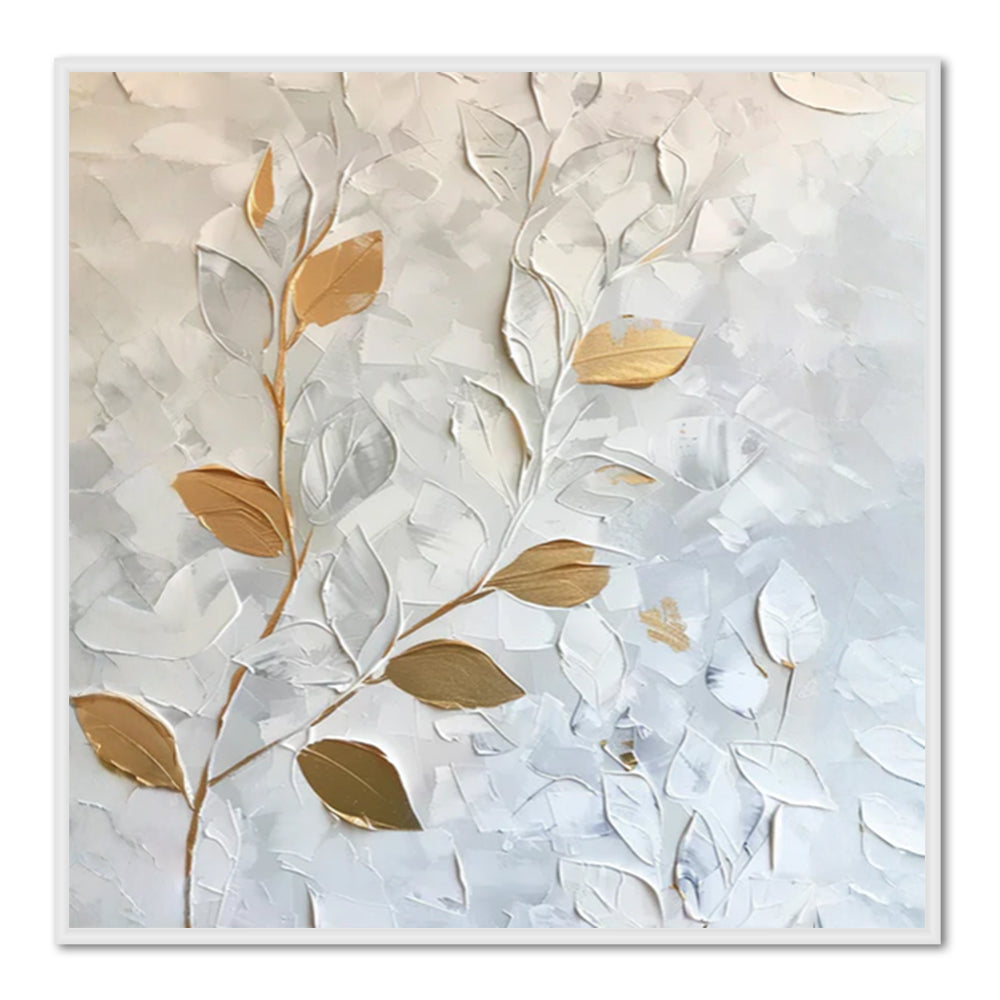 Still Veins– Hand-Painted Textured Floral Oil Painting Wall Art in White and Gold-square canvas