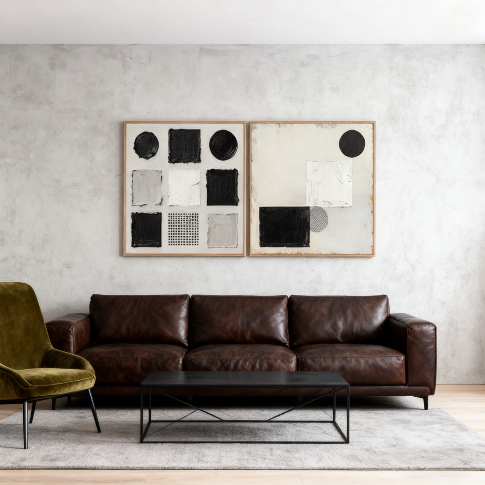 Black & White Geometric Shapes Theme Painting – Modern Abstract Style Handmade Texture Wall Art (Set of 2)