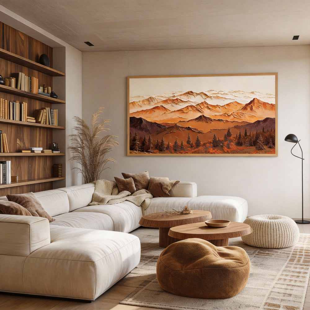 Majestic Mountain Serenity – Abstract Texture Landscape in Warm Earth Tones, Layered Peaks and Forest Elements-Landscape Orientation