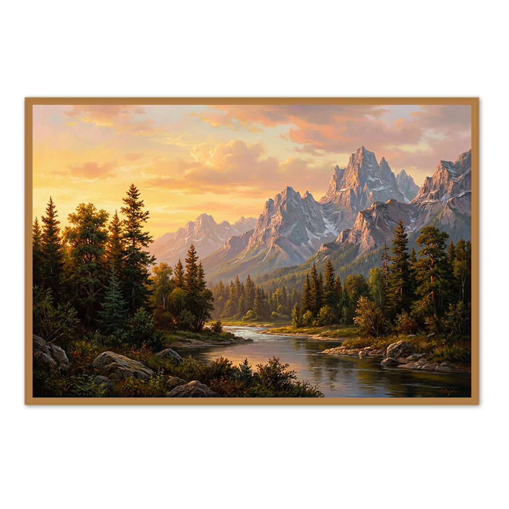 Golden Horizon Peaks – Realist Sunset Mountain Landscape Oil-Style Artwork Handcrafted Painting