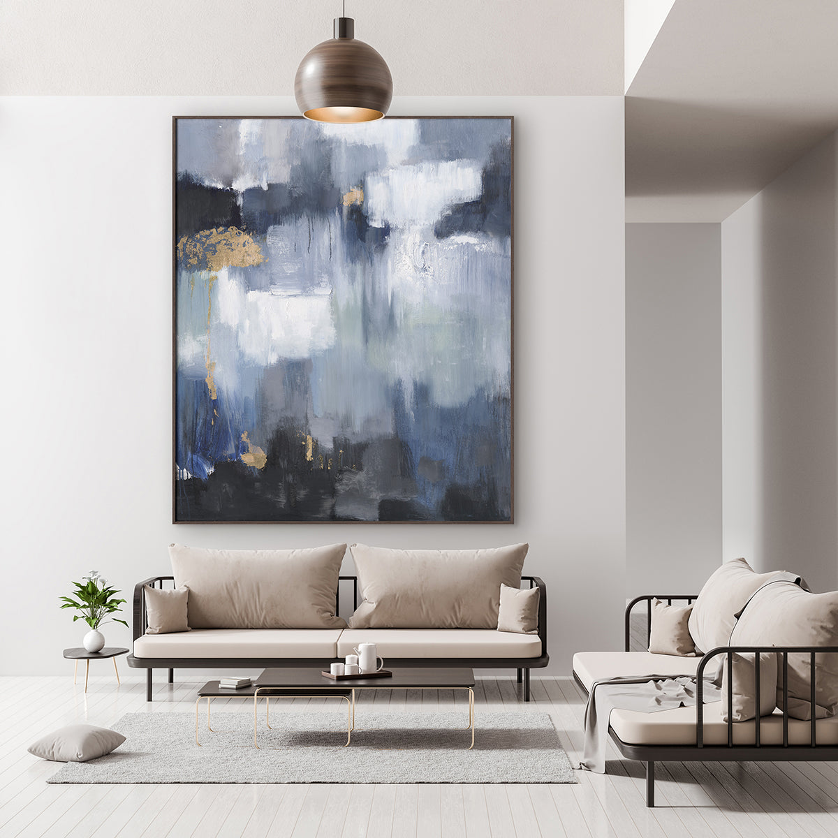 Deep blues and gold accents evoke mystery, elegance, and timeless abstract sophistication