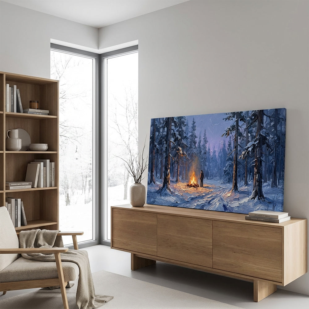 Winter Solitude by the Fire– Impressionist Wilderness Oil-Style Artwork Handcrafted Painting