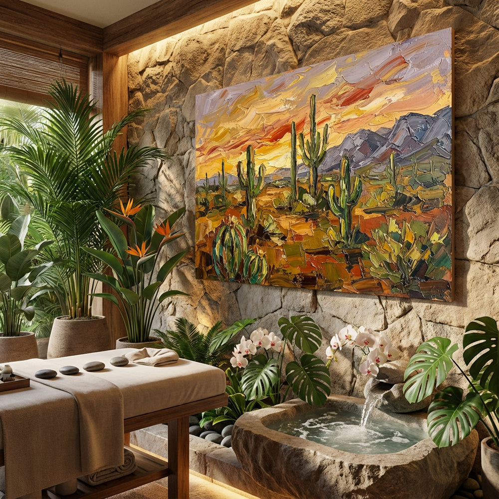 Desert Cactus Sunset texture Landscape Painting – Impressionist Style – Warm Earth Tones – Cacti & Mountain Elements