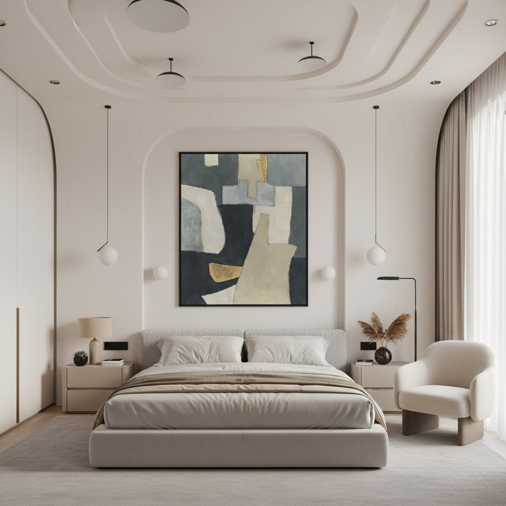 Handmade Abstract Geometric Wall Art – Gray, Beige and Gold Modern Painting